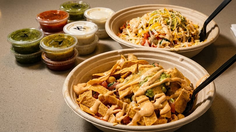 Two bowls of nachos and a burrito bowl with various sauces on a counter.