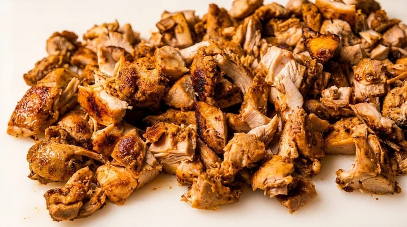 Close-up of a pile of diced, seasoned chicken pieces with crispy, browned edges.