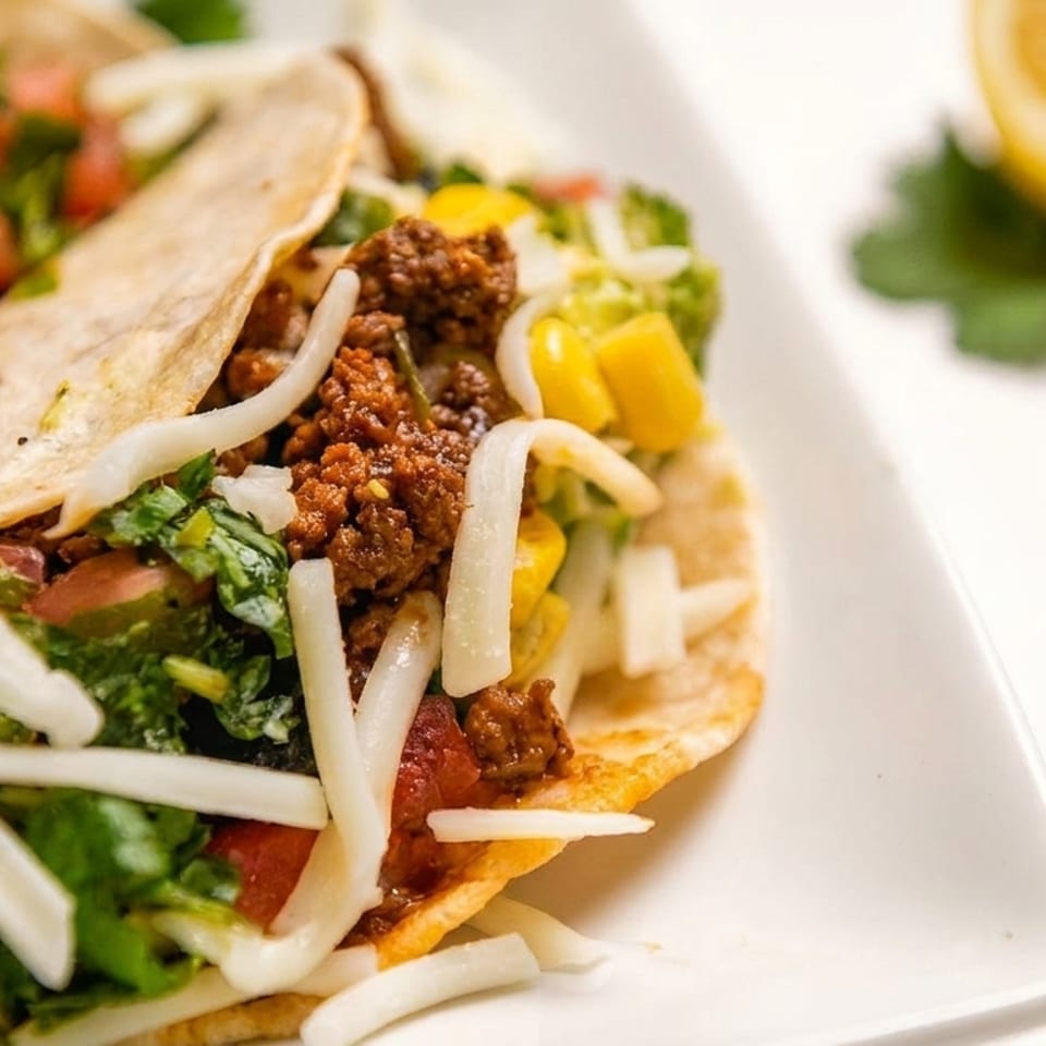 Two vibrant tacos filled with seasoned meat, cheese, corn, and fresh vegetables on a white plate.