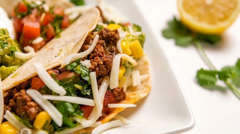 Two vibrant tacos filled with seasoned meat, corn, cheese, guacamole, and fresh cilantro on a white plate.