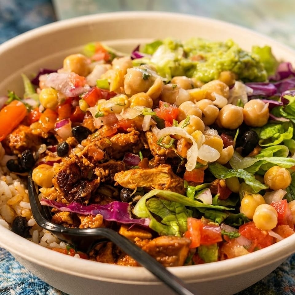 Close-up of a colorful rice bowl with chicken, chickpeas, black beans, salsa, and guacamole.