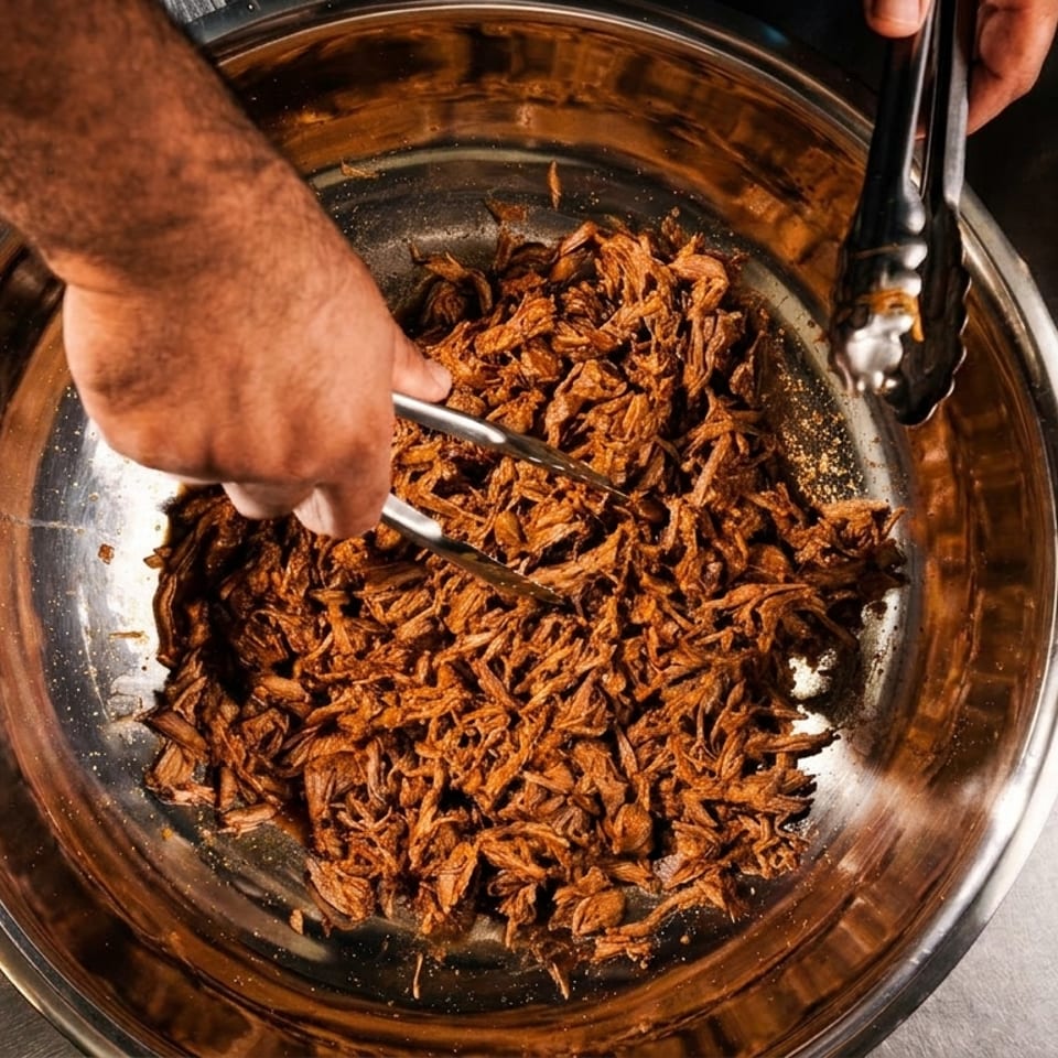 A chef's hands using tongs to mix shredded meat in a large metal bowl.