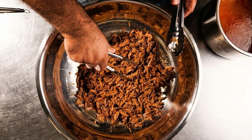 A chef's hands using tongs to mix shredded meat in a large metal bowl.