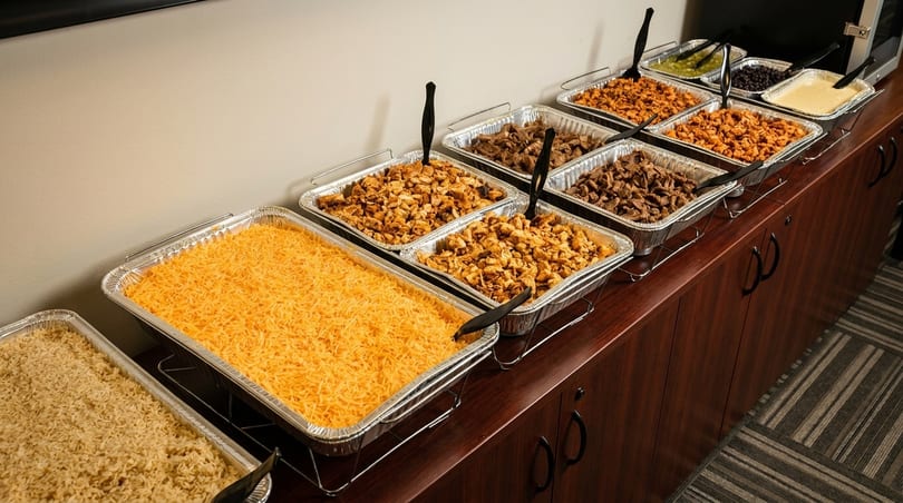 A buffet line with trays of rice, shredded cheese, chicken, beef, beans, and sauces.