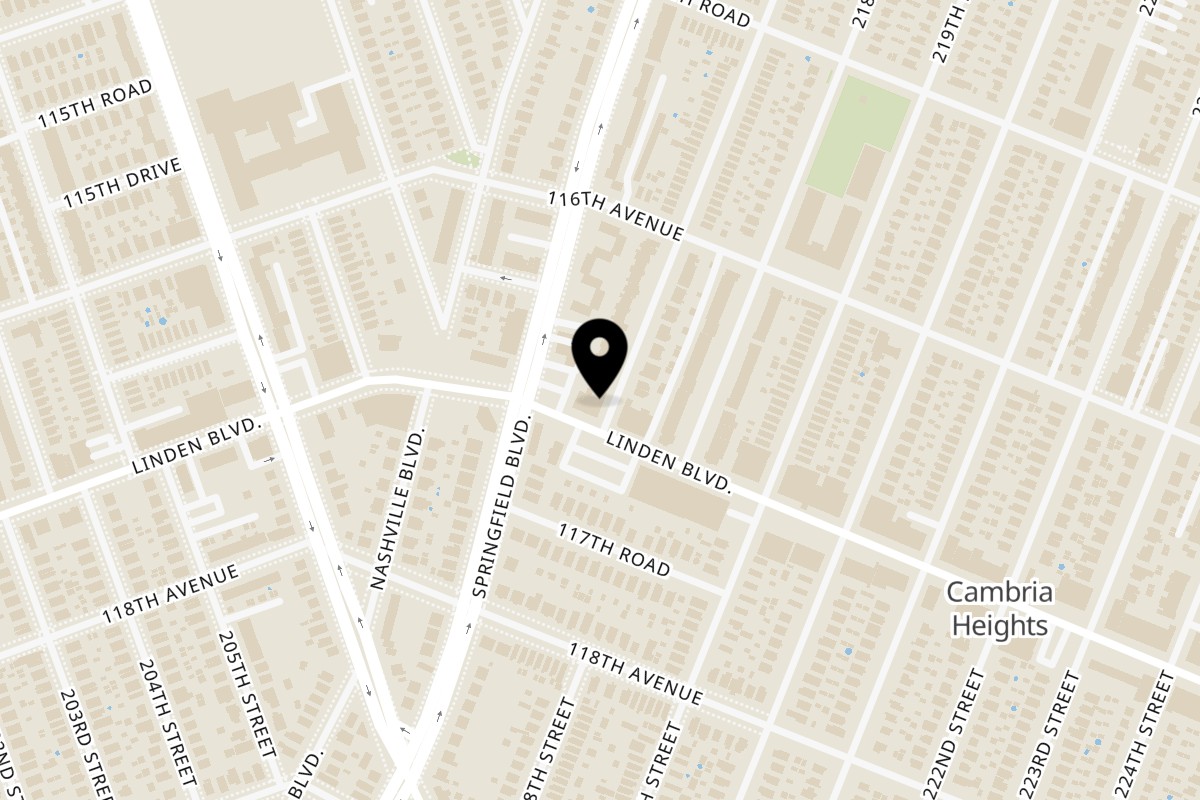 Map showing the location of Taza Halal Eats on 216-19 Linden Blvd in Cambria Heights